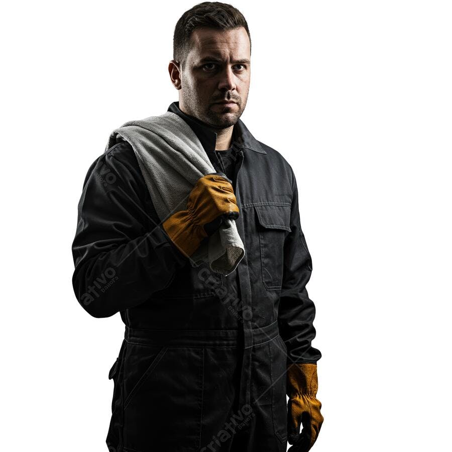 Mecânico com uniforme preto e luvas marrons