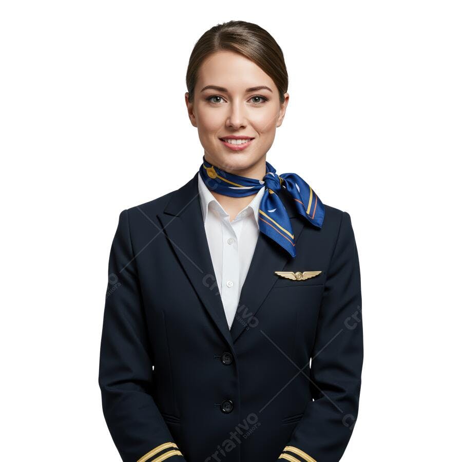 Comissária de bordo sorrindo uniforme azul marinho