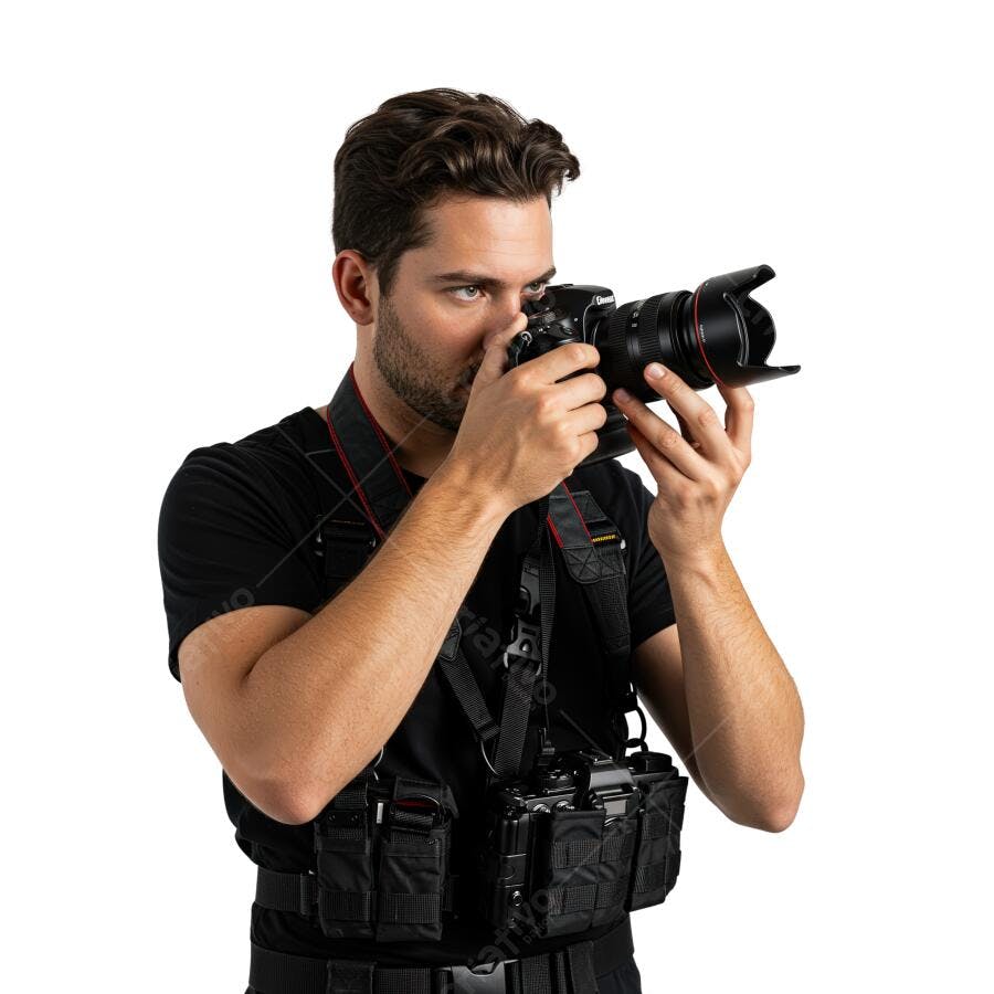 Fotógrafo profissional usando câmera DSLR