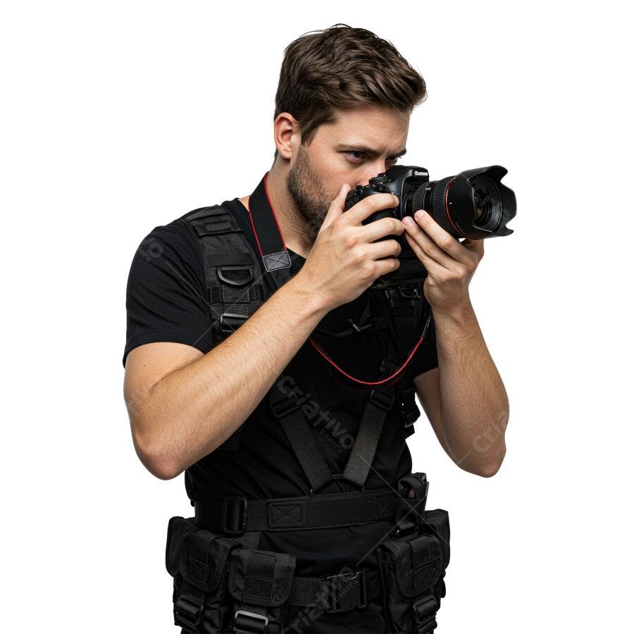 Fotógrafo profissional usando câmera DSLR