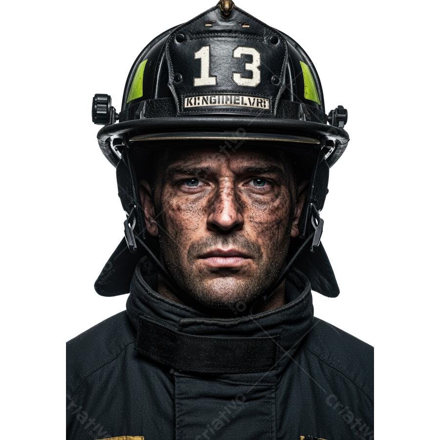 Bombeiro com rosto sujo usando capacete