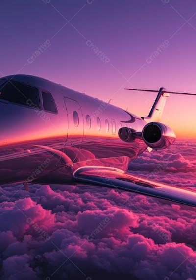 Avião refletindo o pôr do sol rosa