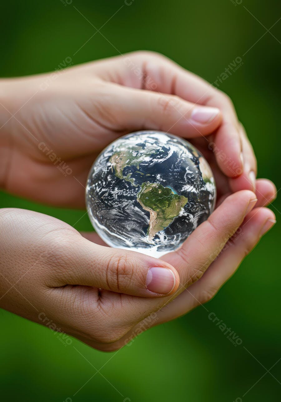 Mãos segurando globo terrestre cristalino