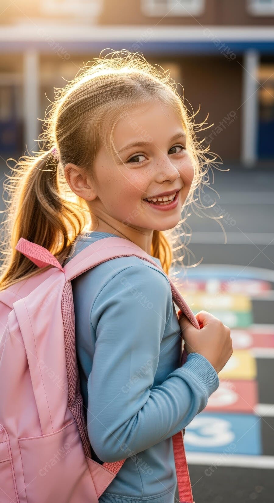 Menina feliz com mochila rosa na escola
