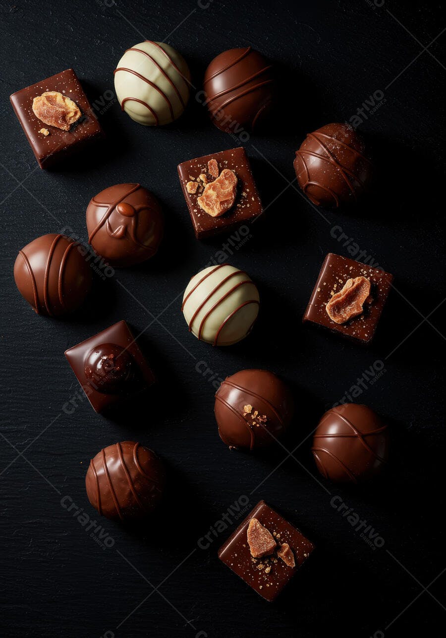 Bombons de chocolate escuros e claros sobre fundo preto