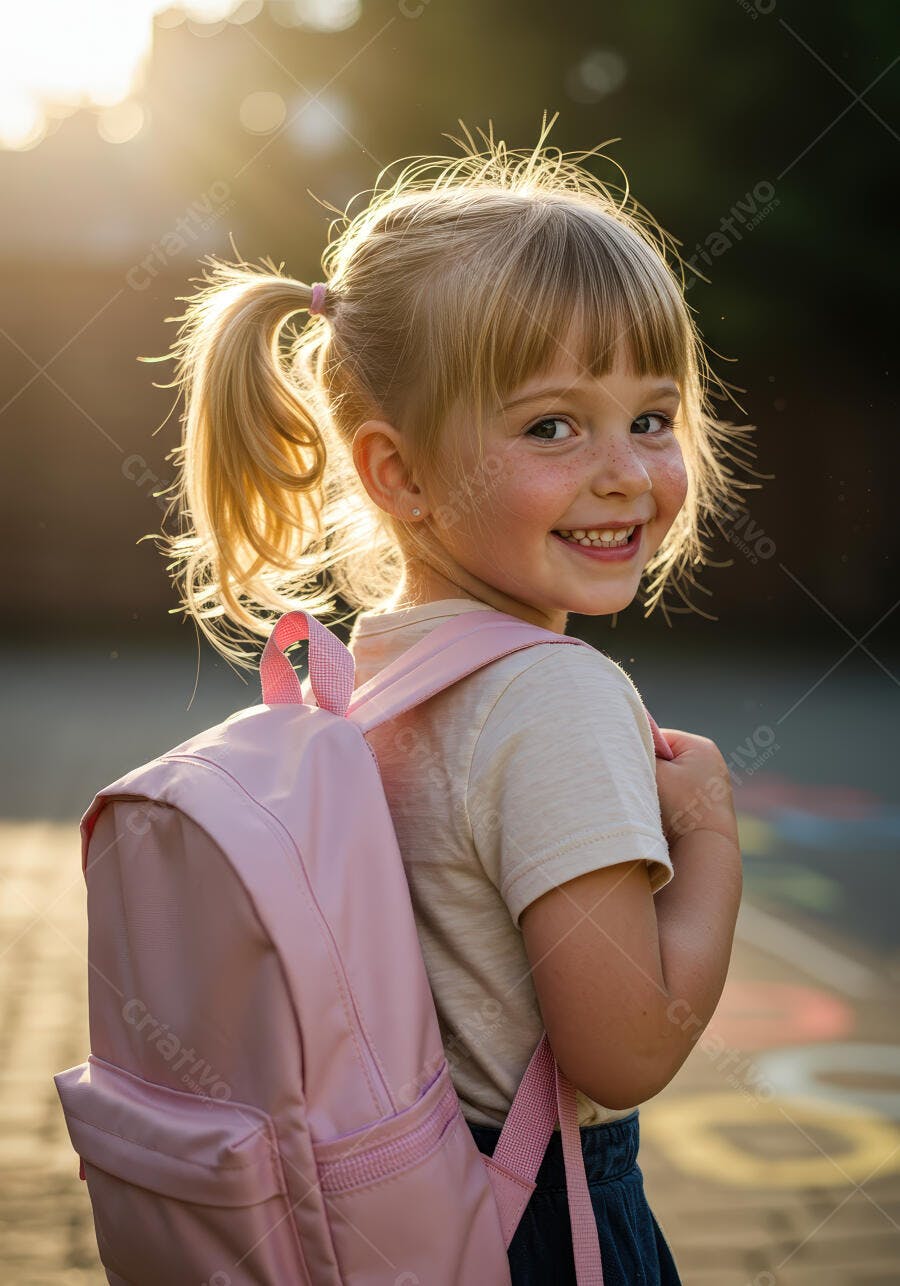Menina feliz com mochila rosa ao entardecer