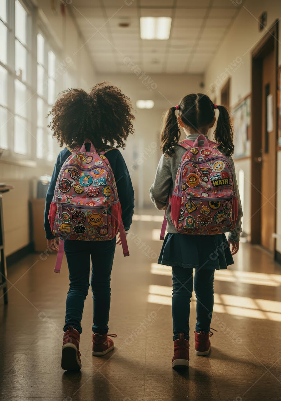 Duas meninas com mochilas coloridas no corredor escolar