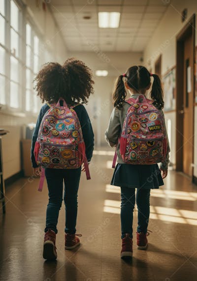 Duas meninas caminhando pelo corredor da escola