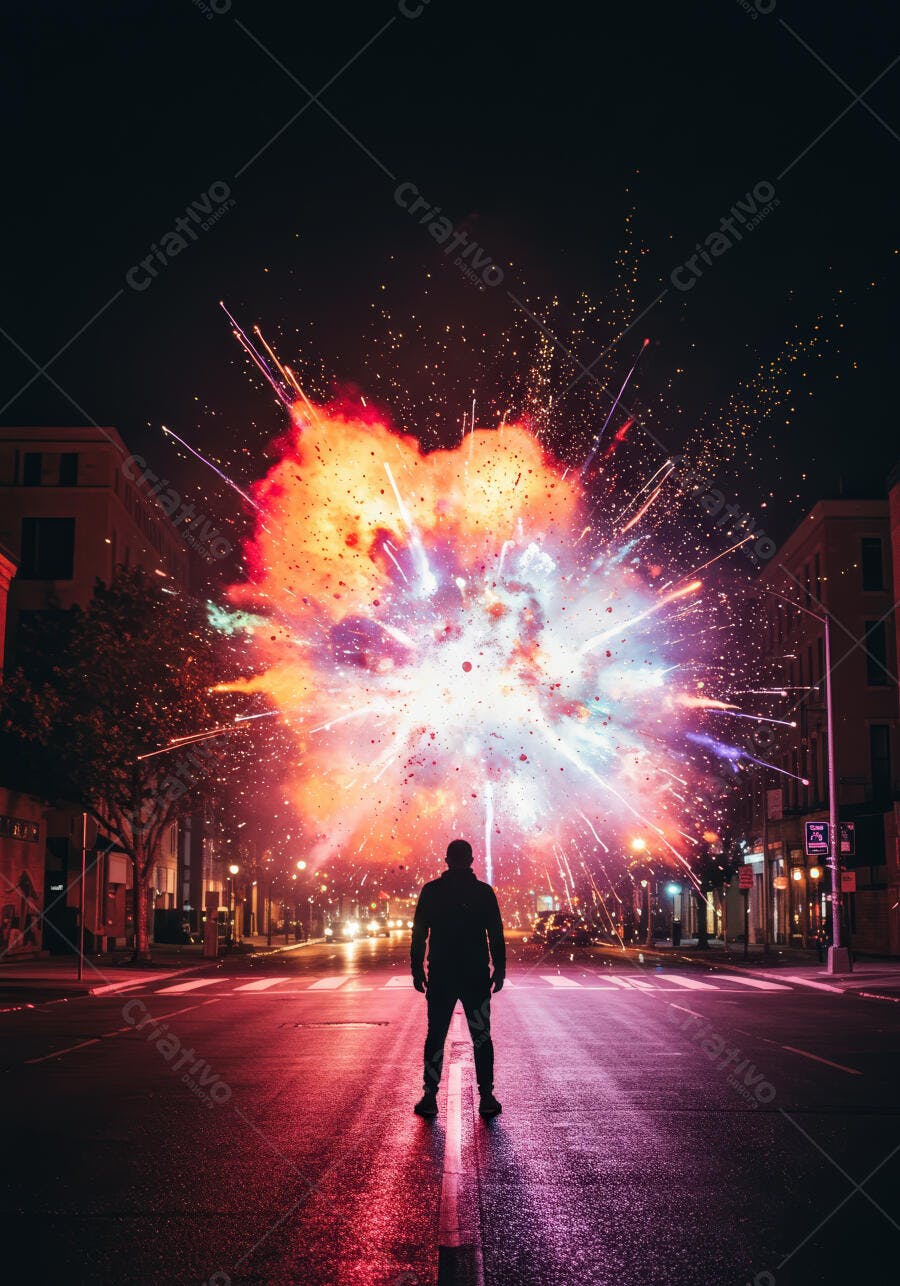 Homem silhueta fogos noite cidade