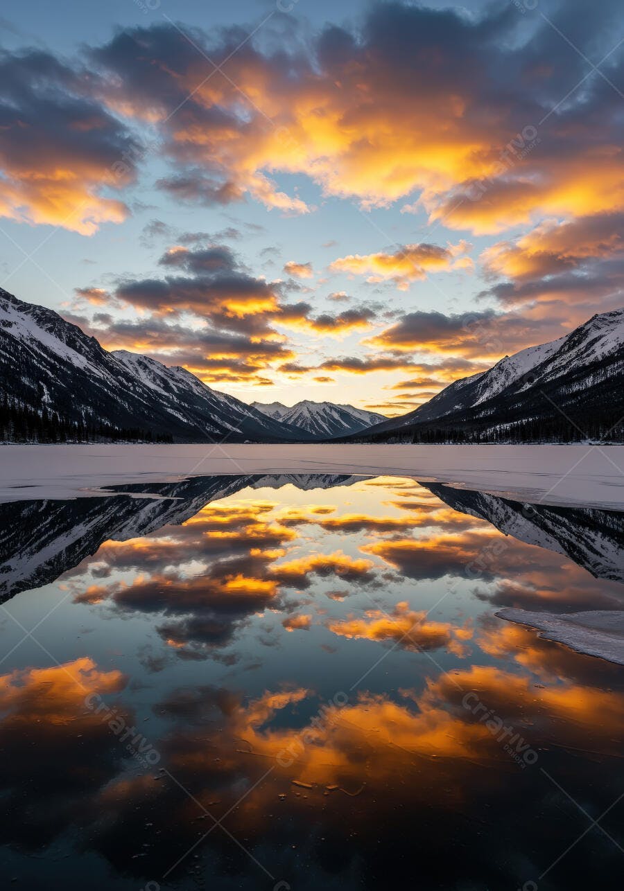 Reflexo de Montanhas em Lago Congelado ao Pôr do Sol