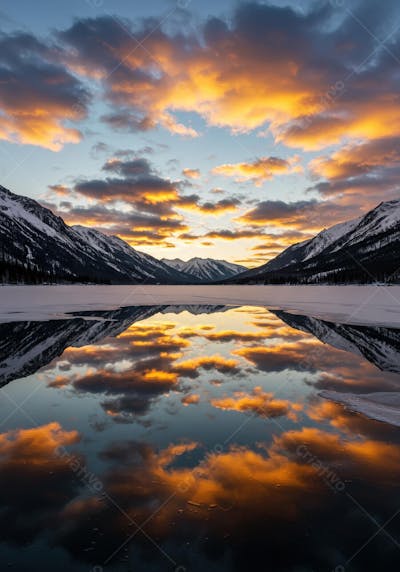 Montanhas e lago espelhado ao pôr do sol