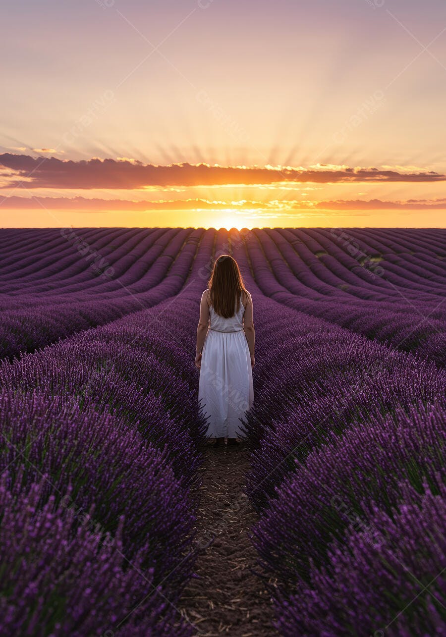 Mulher em campo de lavanda ao pôr do sol