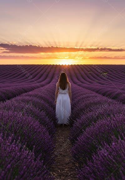 Mulher em campo de lavanda ao pôr do sol