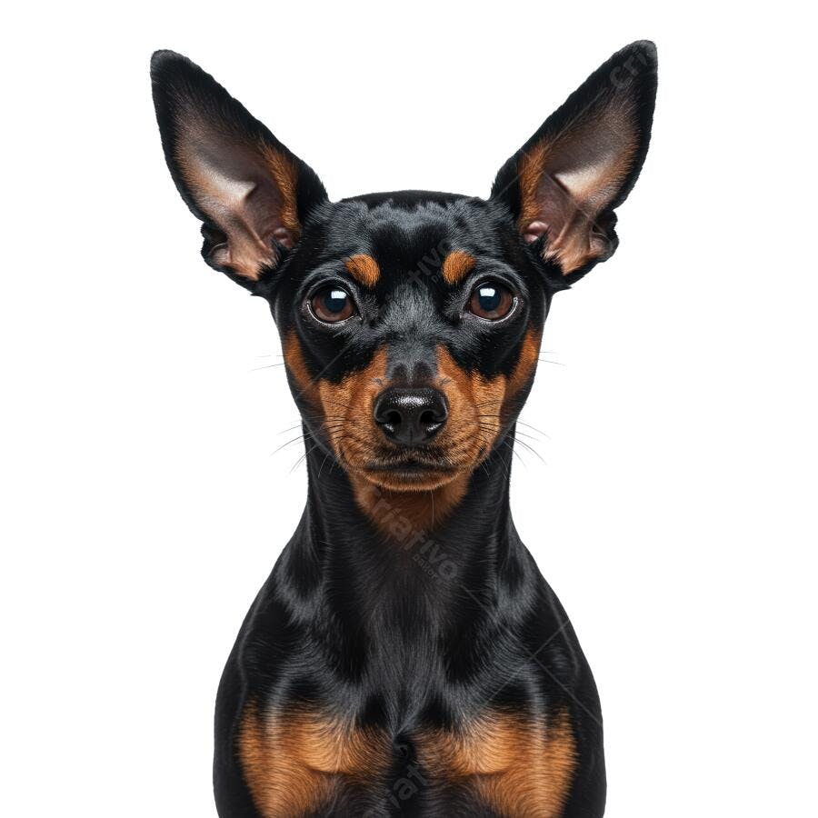 Pinscher miniatura com olhar atento fundo branco