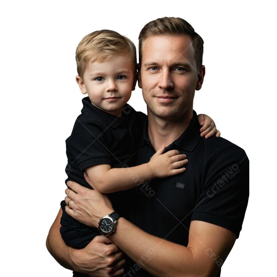 Pai e filho em abraço fundo branco
