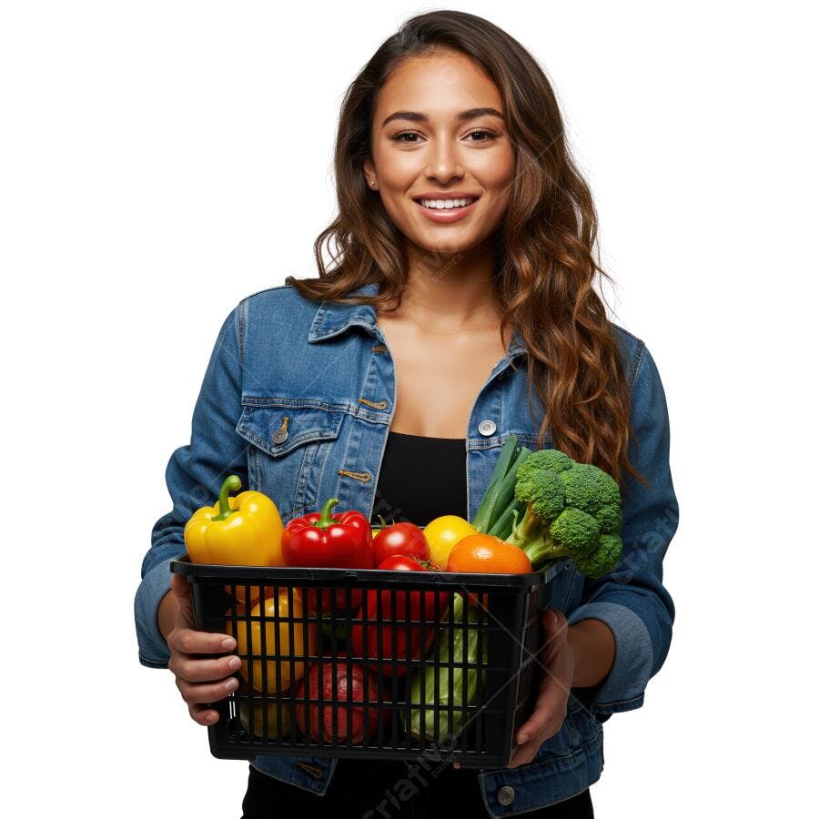 Mulher sorrindo com cesta de legumes coloridos