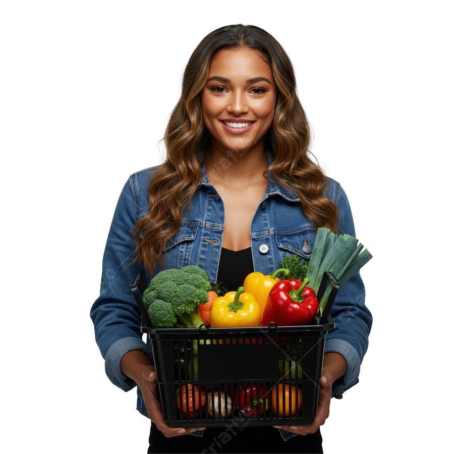 Mulher sorridente com cesta de legumes frescos