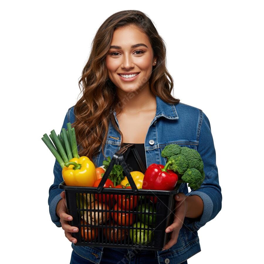 Mulher sorrindo com cesta de legumes frescos
