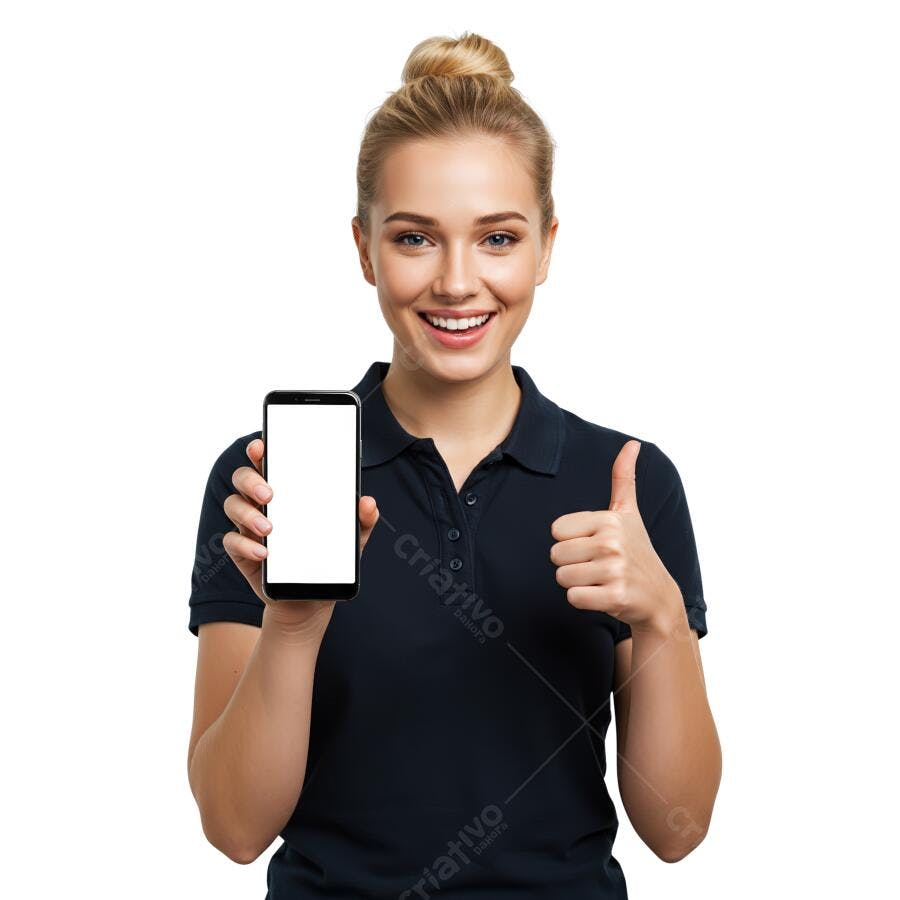 Mulher mostrando celular com tela em branco e polegar para cima