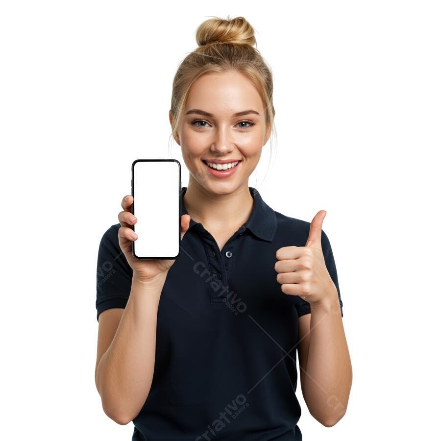 Mulher mostrando celular com tela em branco e polegar para cima