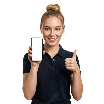 Mulher loira segurando celular com tela branca (2)