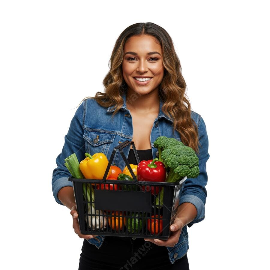Mulher sorridente com cesta de legumes frescos