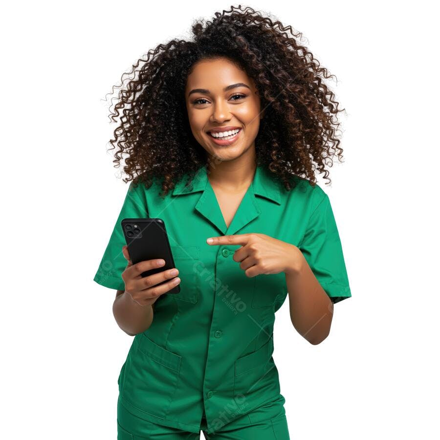 Médica negra sorridente mostra celular