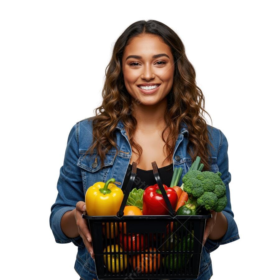 Mulher sorridente com cesta de compras de legumes frescos
