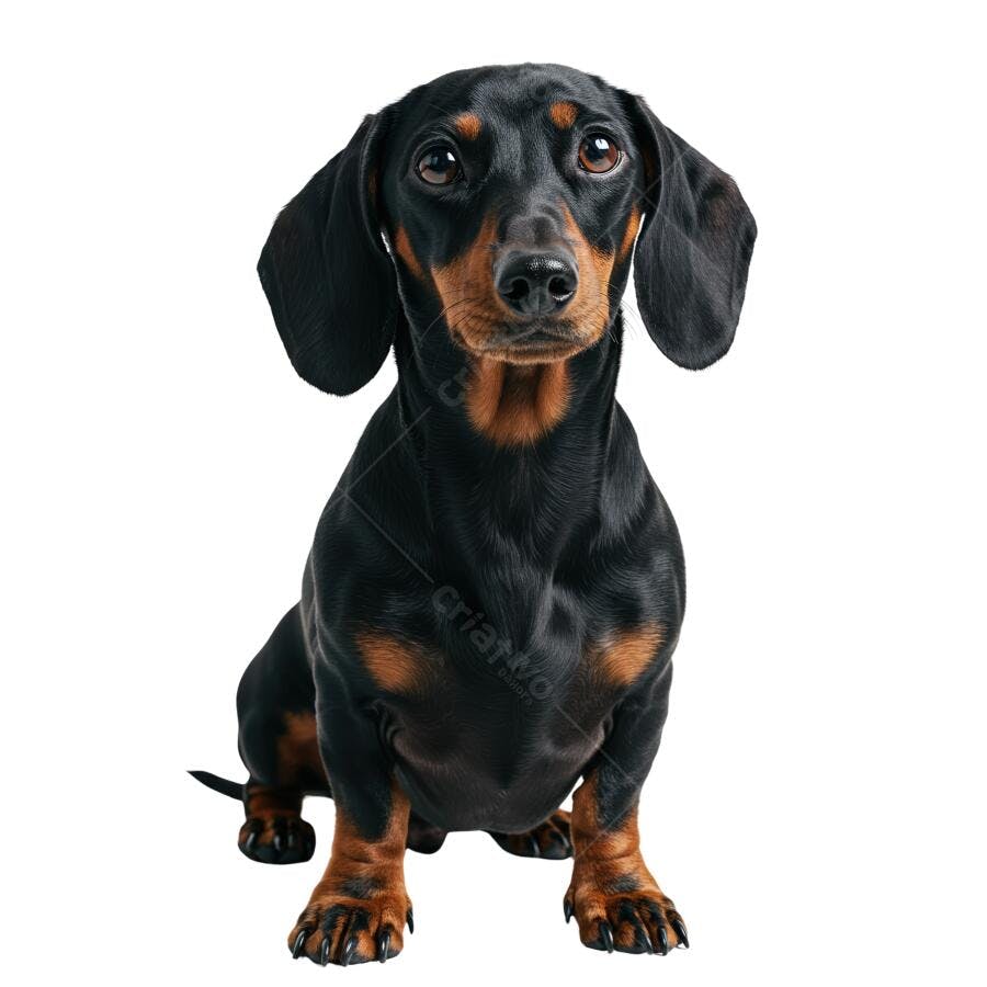 Dachshund preto e castanho sentado fundo branco