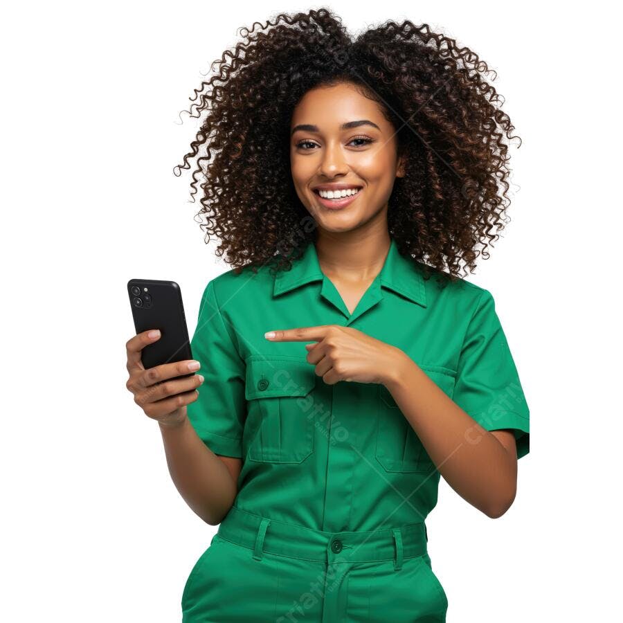 Mulher negra sorrindo com celular verde