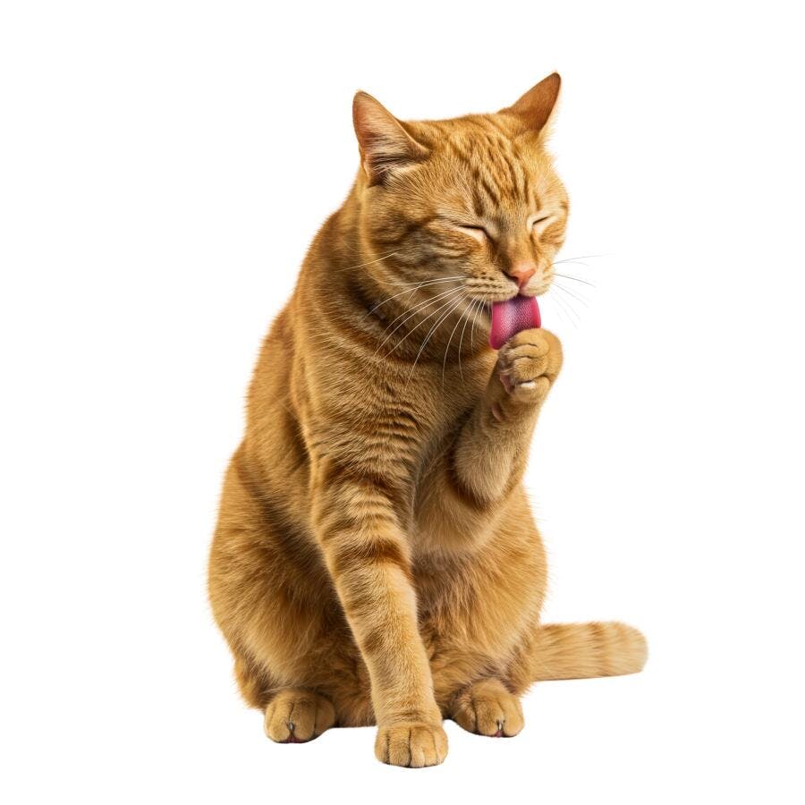 Gato ruivo se limpando fundo branco
