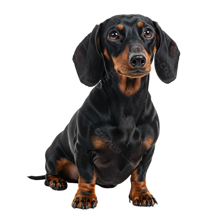 Dachshund preto e castanho sentado fundo branco