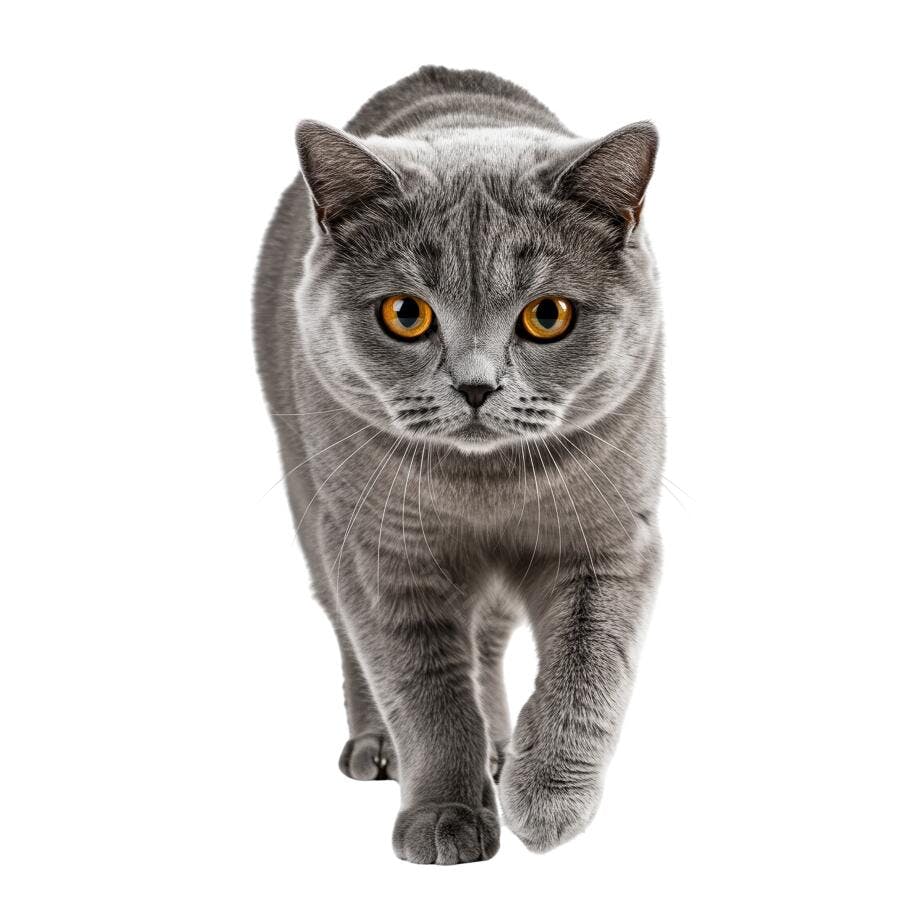 Gato Cinza caminhando fundo branco