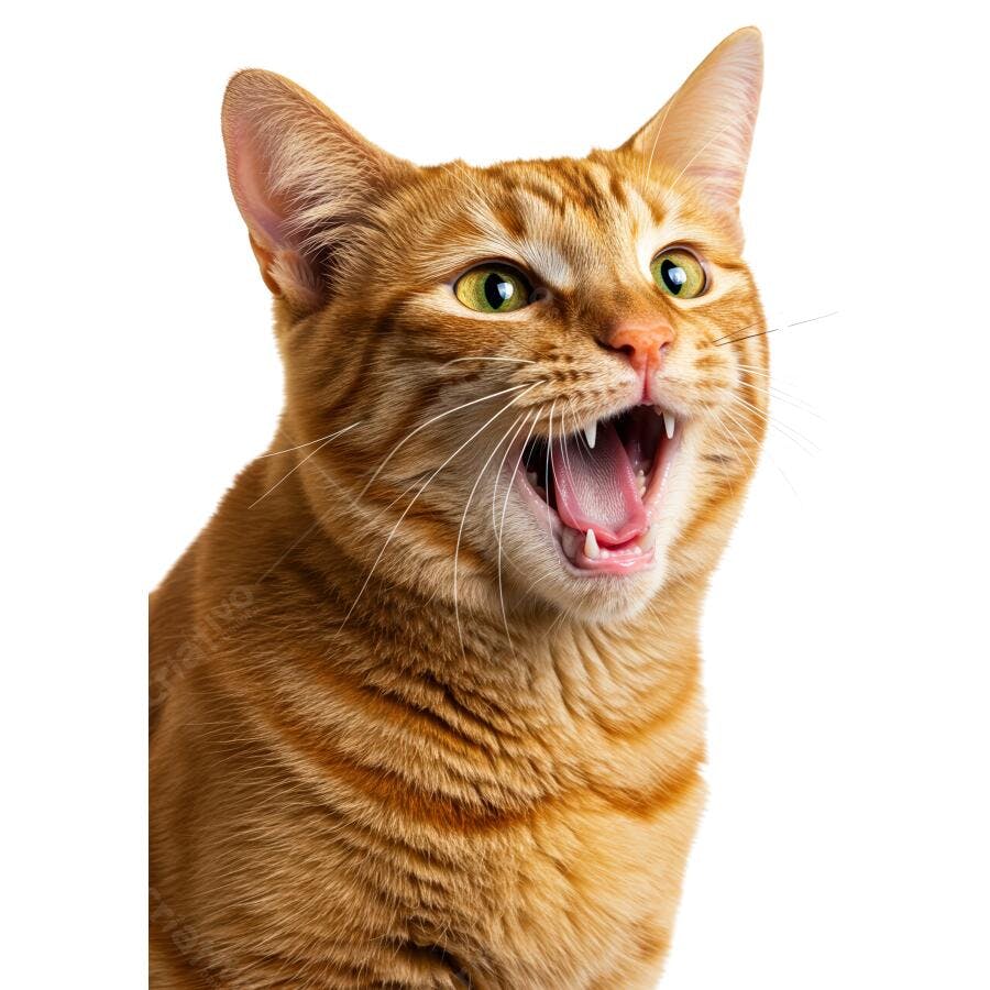 Gato ruivo de boca aberta fundo branco