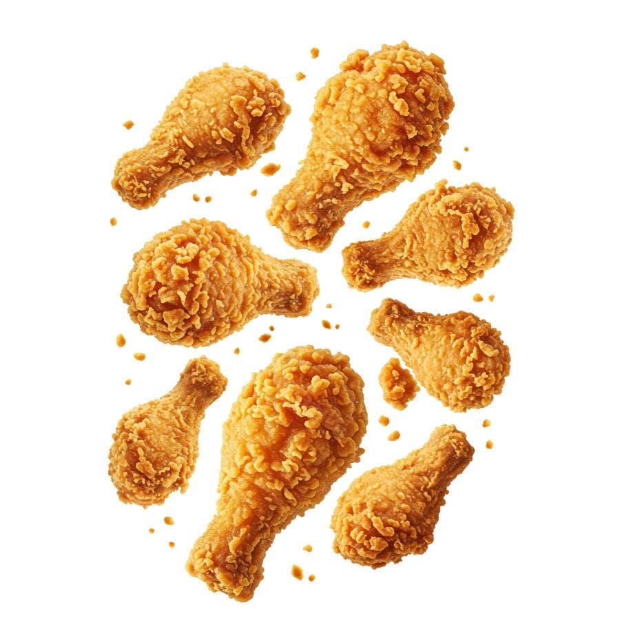 Frango frito caindo fundo branco