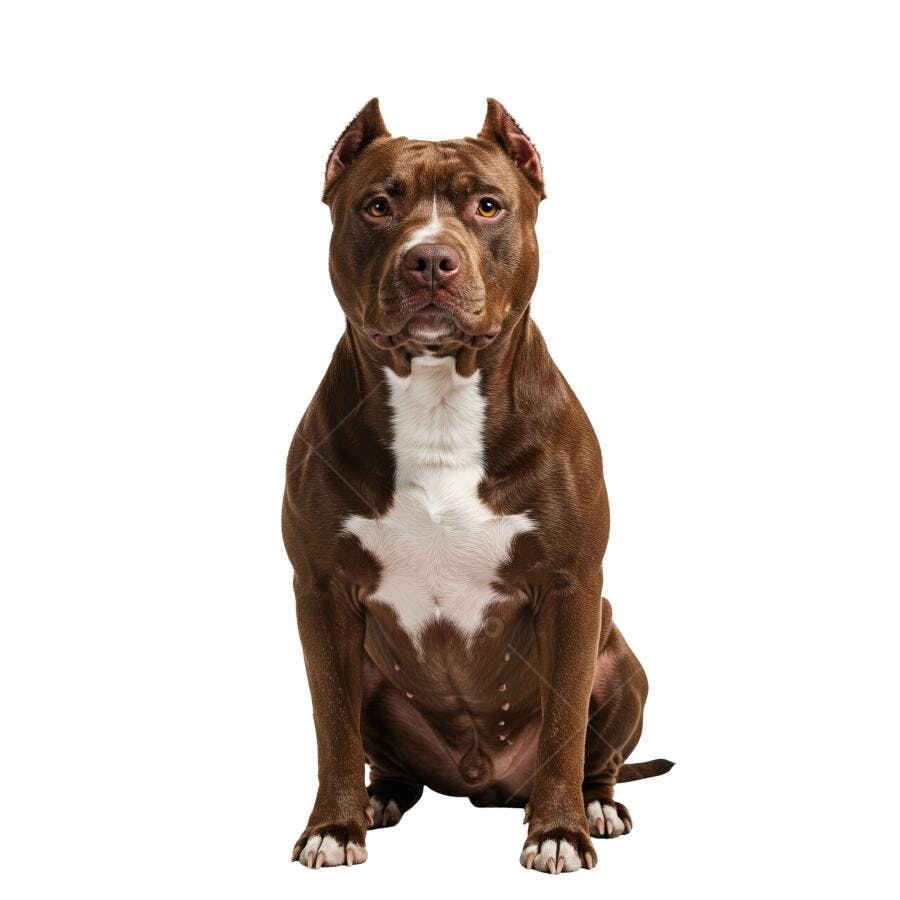 Pitbull marrom e branco sentado fundo branco