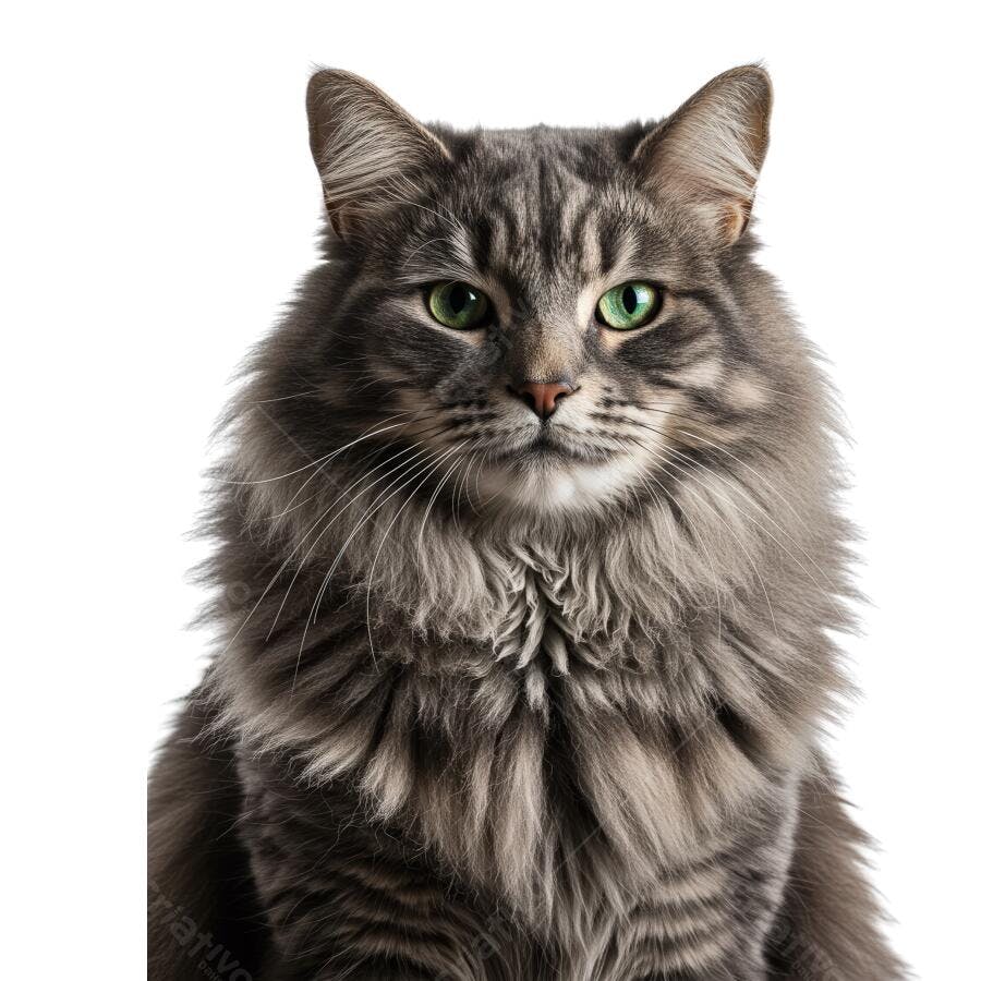 Gato peludo cinza com olhos verdes