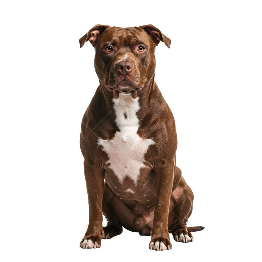 Pitbull marrom e branco sentado fundo branco
