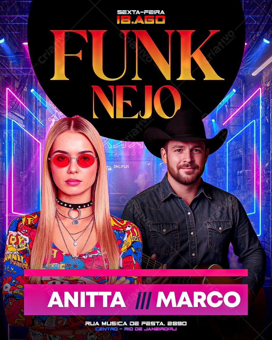 Flyer Festa Funk e Sertanejo 18 de Agosto PSD Editável