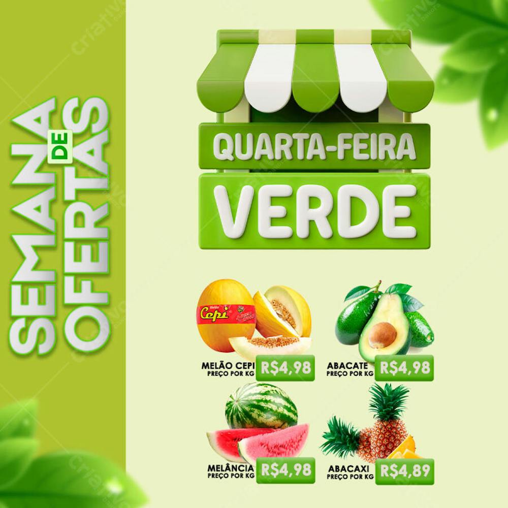 Vibrant green and yellow flyer promoting a "Green Wednesday" fruit sale. Features melon, avocado, watermelon, and pineapple. Modern and attractive design perfect for supermarkets, farmers markets, and social media marketing. Ideal for announcing fresh fruit offers.