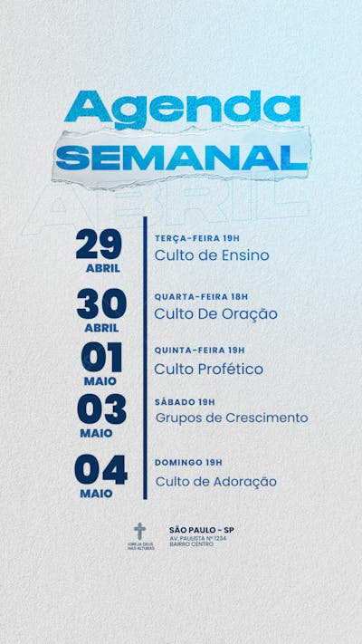 agenda semanal culto da igreja