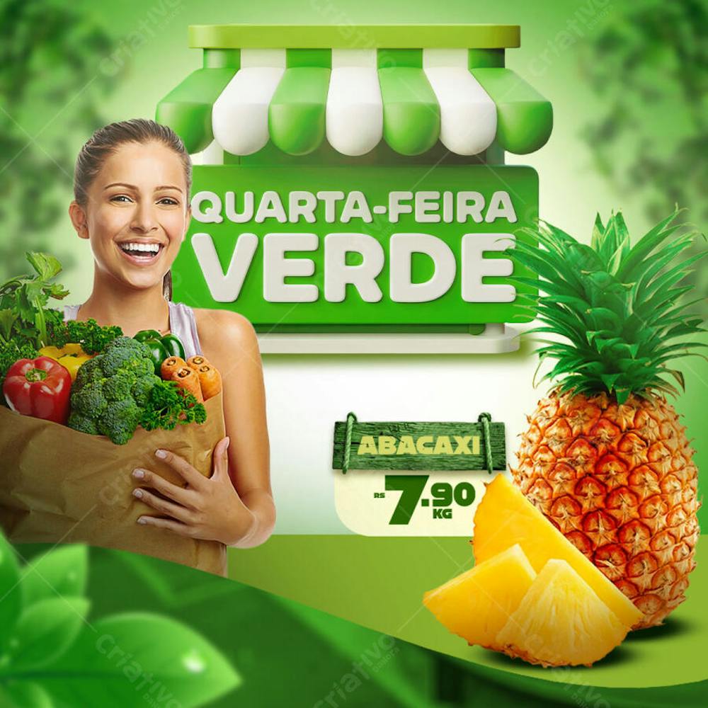 Vibrant green flyer for a fresh produce sale. Features a smiling woman with a shopping bag full of fruits and vegetables, a pineapple, and a promotional price sign. Ideal for supermarkets, farmers markets, and health food stores. Bright colors and cheerful style.