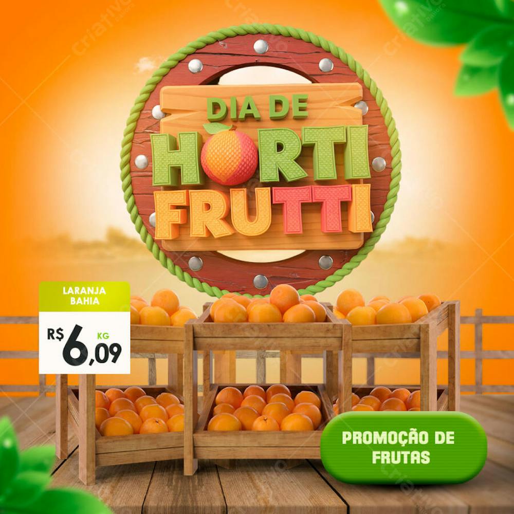 Vibrant and colorful flyer for Horti Fruti Day, featuring Bahia oranges. Warm colors, fun 3D style, and a commercial approach for supermarkets and farmers markets. Ideal for social media and print marketing.