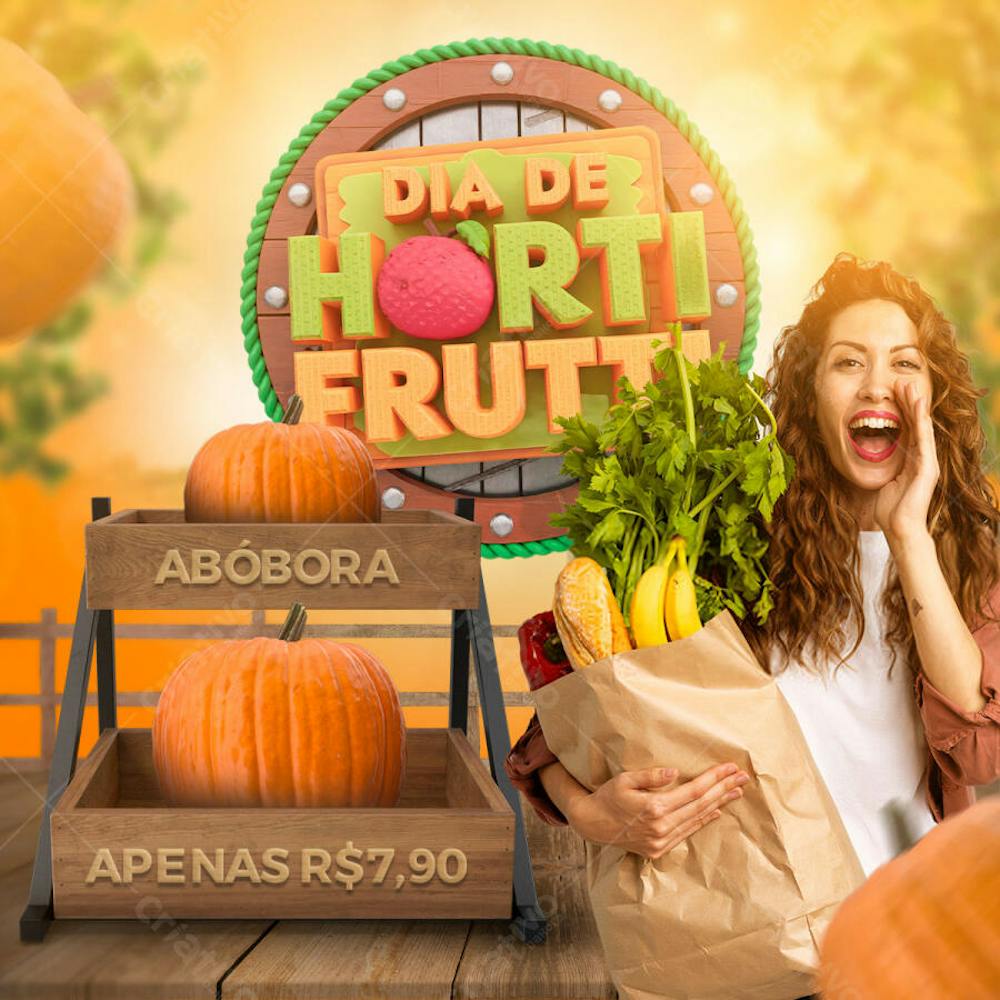 Vibrant and colorful flyer for Horti Fruti Day, featuring warm and cheerful tones.  A woman holds a grocery bag with fruits, vegetables, and bread, alongside a basket of pumpkins. Perfect for supermarkets, farmers' markets and health food stores. Target audience: consumers of fresh and healthy produce.