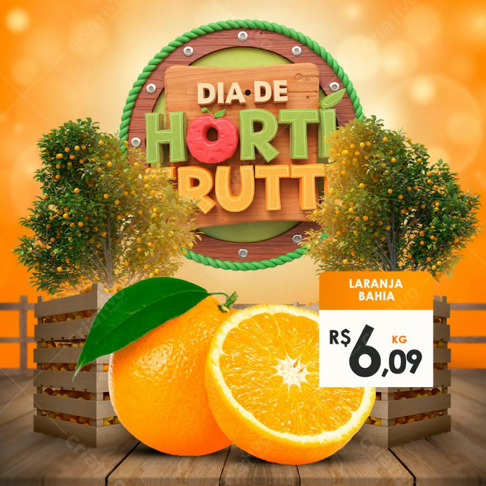 Vibrant and cheerful design for HortiFruti Day, featuring Bahia oranges. Warm colors, 3D cartoon style, perfect for social media, supermarkets, and farmers markets. Ideal to attract a wide audience.