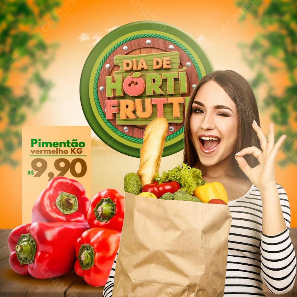 Vibrant and cheerful flyer template for Horti Fruti Day. Warm and bright colors, with emphasis on the red bell peppers. Image of a young, smiling woman holding a shopping bag with fruits, vegetables, and greens. Ideal for supermarkets, farmers markets, and organic product stores.