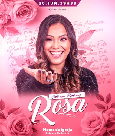 Pink flyer for a women's worship service on June 20th at 7:30 PM. Features rose images, "Happy Birthday" text, singer Rosa's name, and space for church name and address. Ideal for social media and print promotion.