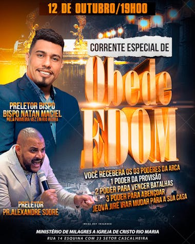 Flyer for a religious event at the Church of Christ Rio Maria on October 12th at 7 PM. Design in gold and black tones, with photos of pastors and an impactful message. Target audience: Christians.