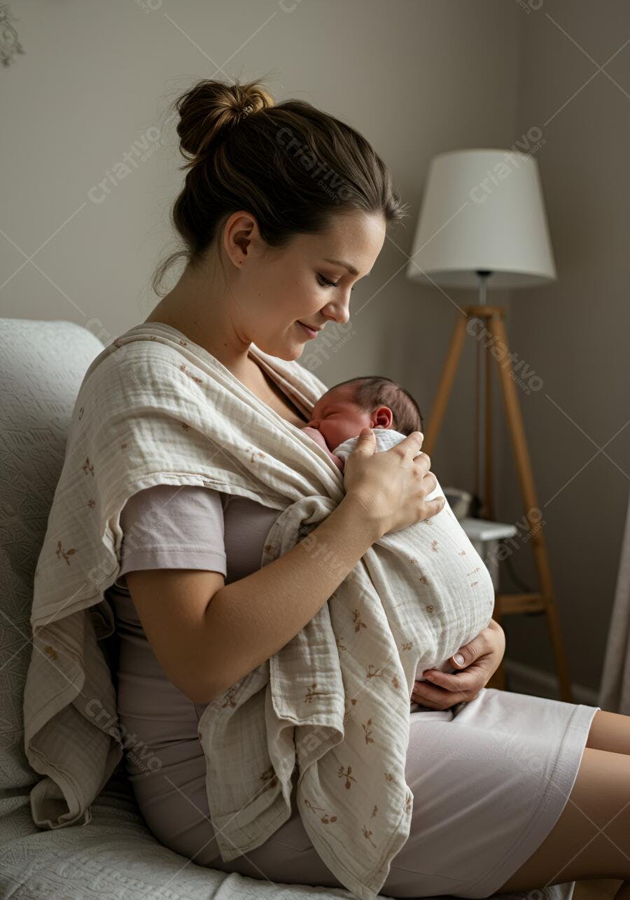 Mãe segurando bebê recém-nascido em sling
