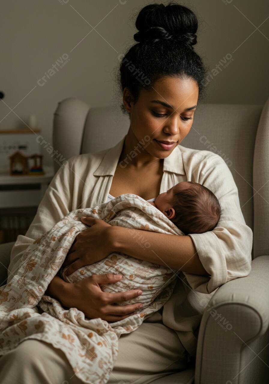 Mãe negra amamentando bebê recém-nascido